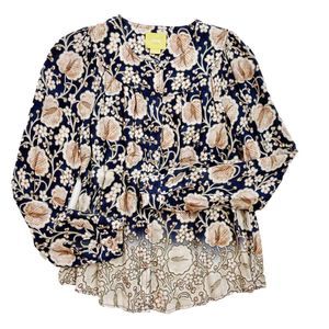Anthropologie Maeve Orli Bibbed Button-Down Top Long Sleeve Floral Navy Beige XS